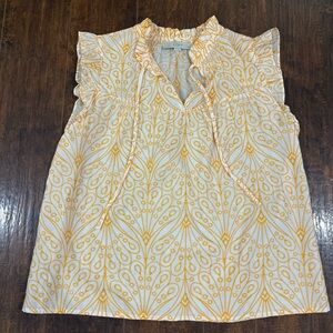 LOFT Yellow and White Ruffle Tie-Neck Flutter Sleeve Top